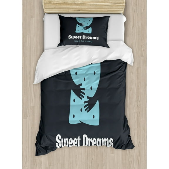 Sweet Dreams Twin Size Duvet Cover Set, Love to Sleep Hugging Arms Minimalist Simplistic Illustration, Decorative 2 Piece Bedding Set with 1 Pillow Sham, Charcoal Grey Pale Blue, by Ambesonne