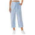 thumbnail image 4 of Ruimatai Women's Casual Striped Capri Pants Elastic Waist Button Zipper Pockets Cropped Trousers Summer Casual Outfits, 4 of 5