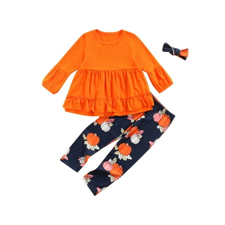 

JYYYBF Halloween Toddler Infant Girls 3Pcs Outfits Ruffle Flare Tunic Dress Top Pumpkin Leggings Trousers Headband Fall Winter Clothes Orange 18-24 Months