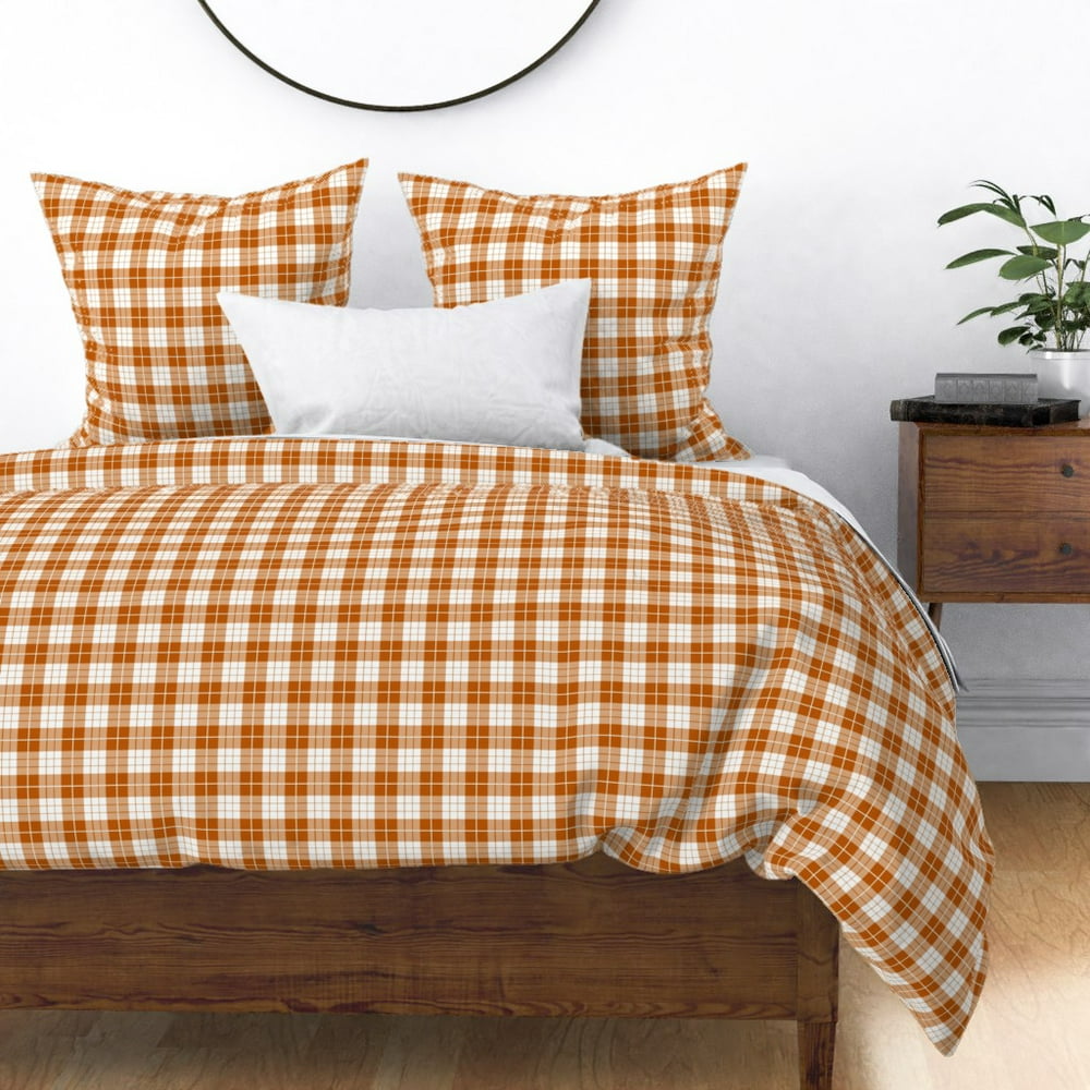 Rustic Plaid Orange Farmhouse Spiced Pumpkin Sateen Duvet Cover by Roostery