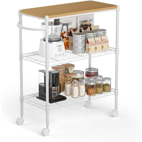 3 Tier Rolling Kitchen Cart,27.6"x10"x21.7”Heavy Duty Metal Storage Cart with Wheels, Adjustable Shelves, Lockable Utility Cart with Wood Top & Portable Handle for Indoor & Outdoor Use, White