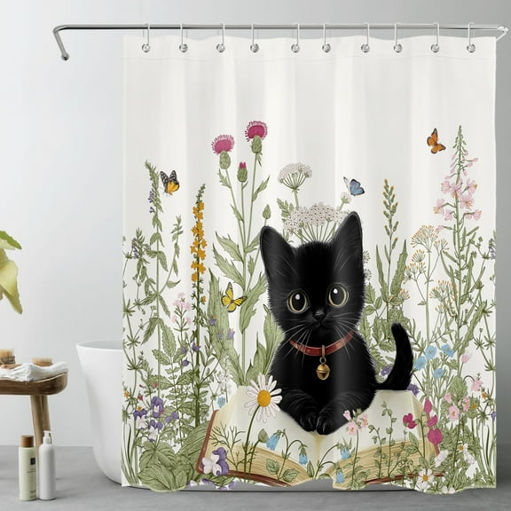 HVEST Boho Floral Cat Shower Curtain with Wildflower Butterfly Botanical Design - Flower Plant Garden Theme Bathroom Decor, Waterproof Polyester Fabric, Includes 10 Hooks, 60x72 Inches