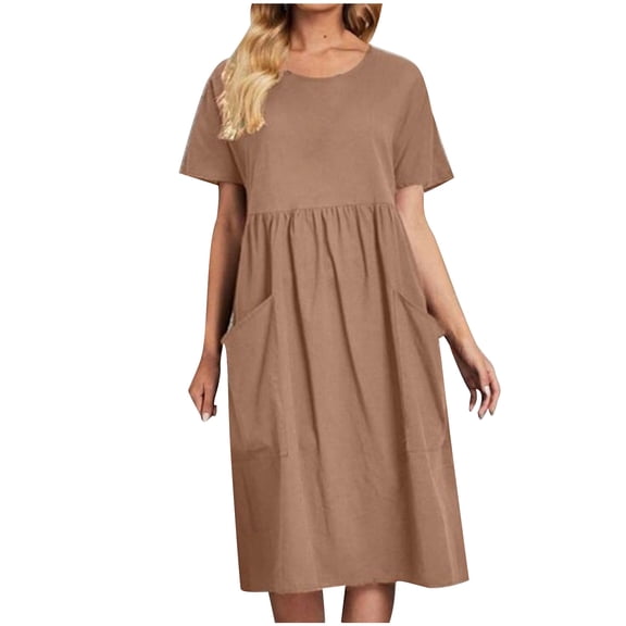 PUMISAS Summer Dresses For Women Short Sleeve Solid Color Dress Casual Loose Crew Neck Elastic Waist Dresses Mid-Length Dresses With Pockets