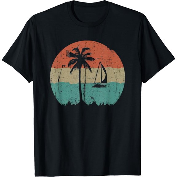 Tropical Beach Palm Trees Vintage Retro 70s 80s Nautical T-Shirt men and women can wear, black, white, gifts
