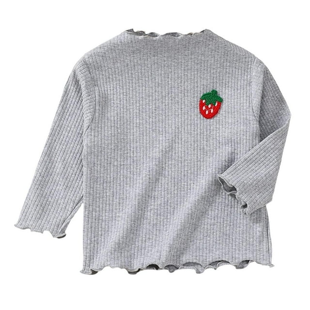 WRKEKC Girls Long Sleeve Tees Stylish Strawberry Embroidered Ruffled Ribbed Knit Soft Warm Cozy Base Layer for Fall Winter 1-5 Years