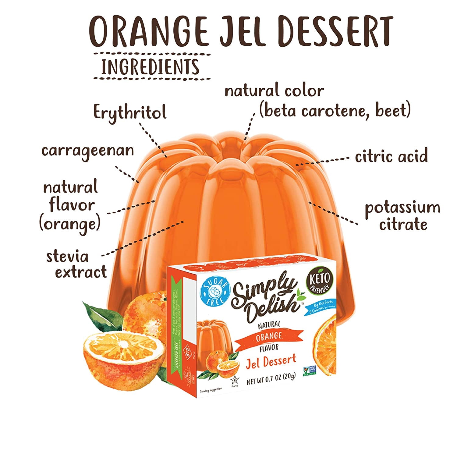 Simply Delish Natural Orange Jel Dessert - Sugar Free, Non GMO, Gluten Free, Fat Free, Lactose Free, Keto Friendly - 0.7 OZ (Pack of 6)