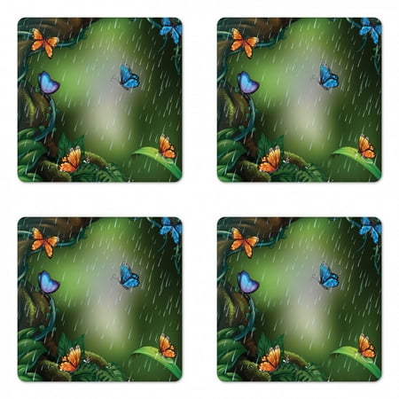 

Butterfly Coaster Set of 4 Deep Forest Rain Season Leaves Nature Print Square Hardboard Gloss Coasters Standard Size Peacock Green Dark Cocoa by Ambesonne
