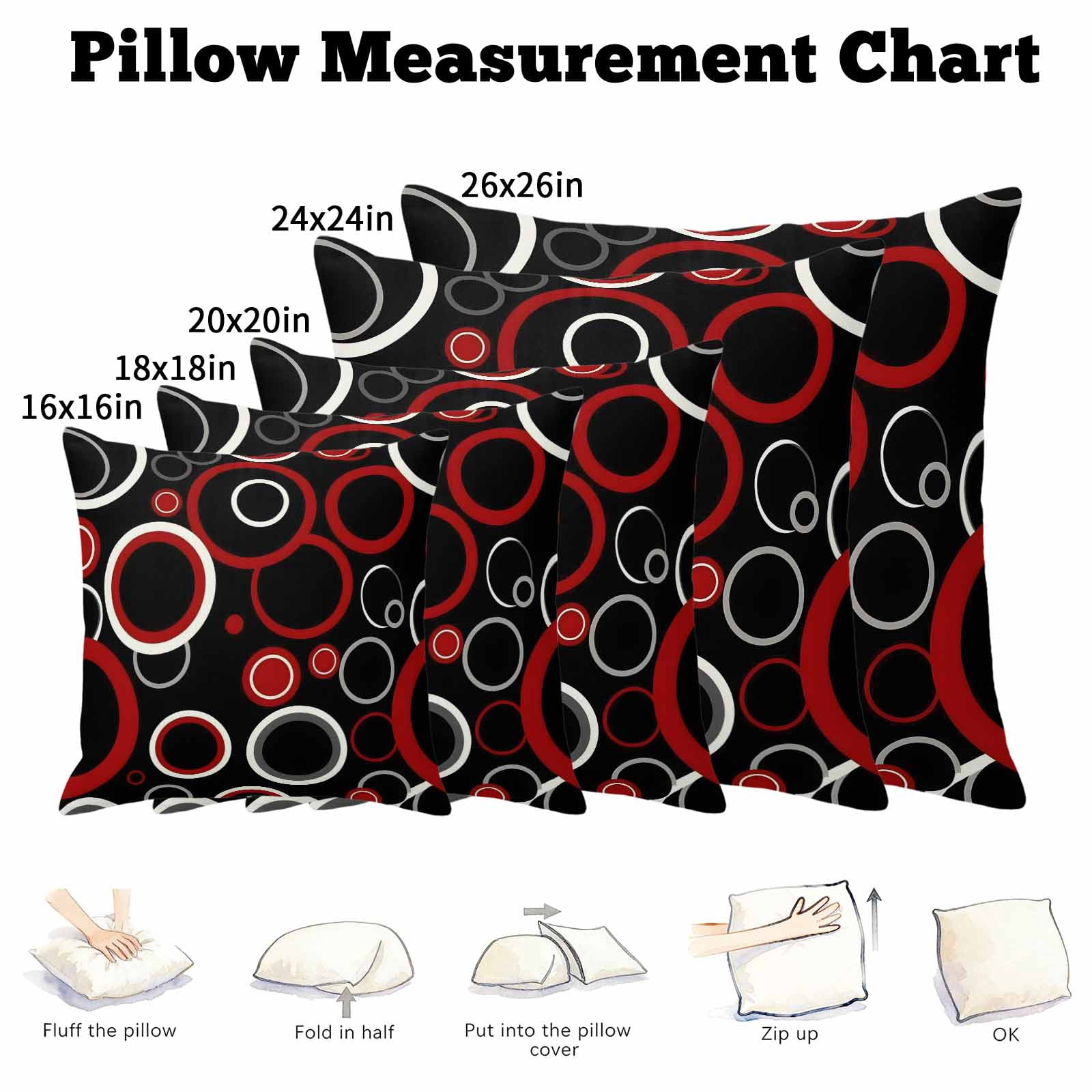 Pillow Covers 26x26 Inch, Red Black Linen Pillowcase with Invisible Zipper, Abstract Modern Geometric White Grey Circle Decorative Throw Pillow Covers Cushion Case for Couch Sofa Bed Living Room
