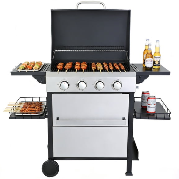 PUKNLY 4-Burner Portable Propane Grill, 49200 BTU Gas Grill for Outdoor Cooking with Foldable Side Table, Hanging Basket & Enamel Cooking Grids, Stainless Steel BBQ Grill, Camping Grill