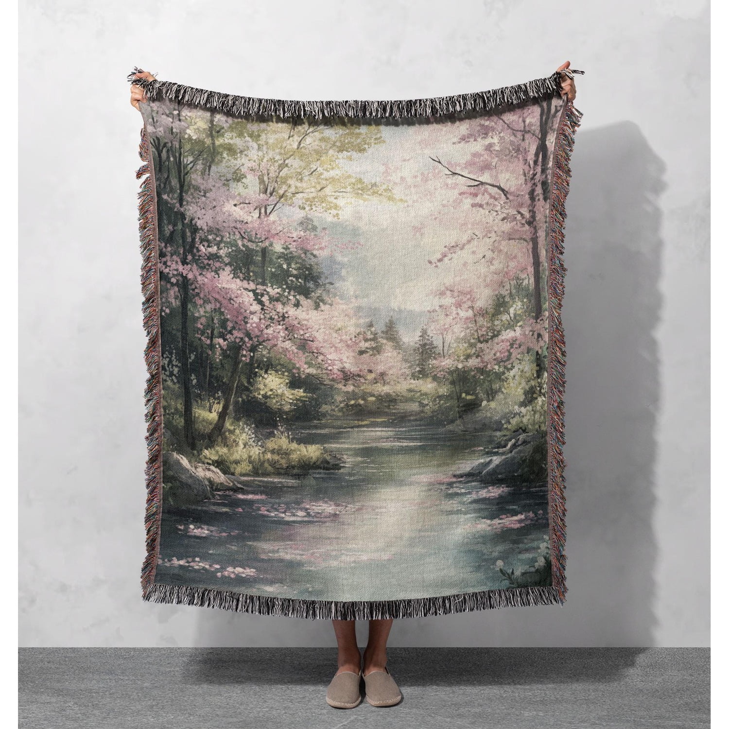 Nature Cherry Blossom Woven Throw Blanket 100% Cotton with Fringed Edges 60 x 50 in Home Decor