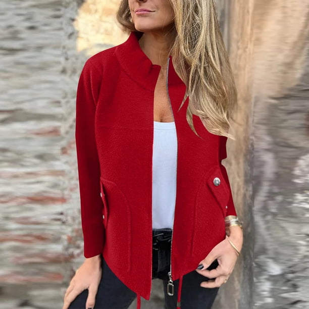 Blusa de poliéster para mujer, de manga larga, informal, sin capucha, con cremallera, deportiva, de color liso