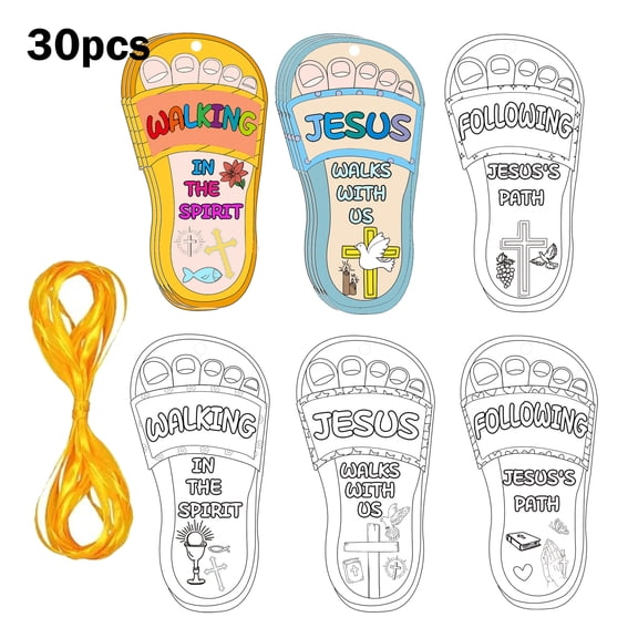Color Your Own Jesus Walks with Us Craft Kit 30 Pack Sunday School Crafts Religious Footprint Coloring Card DIY Bible Hanging Card
