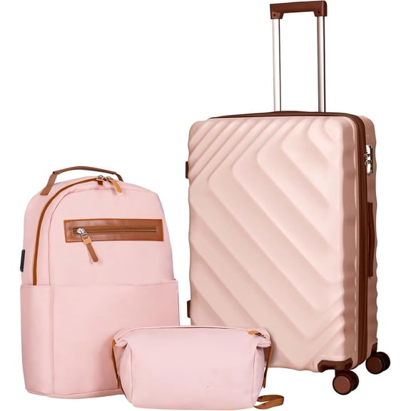 YiAiL 3 Piece ABS PC Hardside Luggage Set, Expandable Carry On Suitcase with TSA Lock Spinner Wheels, Pink