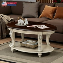 Hassch 2-Tier Oval Coffee Table, 42" Living Room Center Table w/ Rubber Wood Legs & Floral Carved Design, Beige Espresso