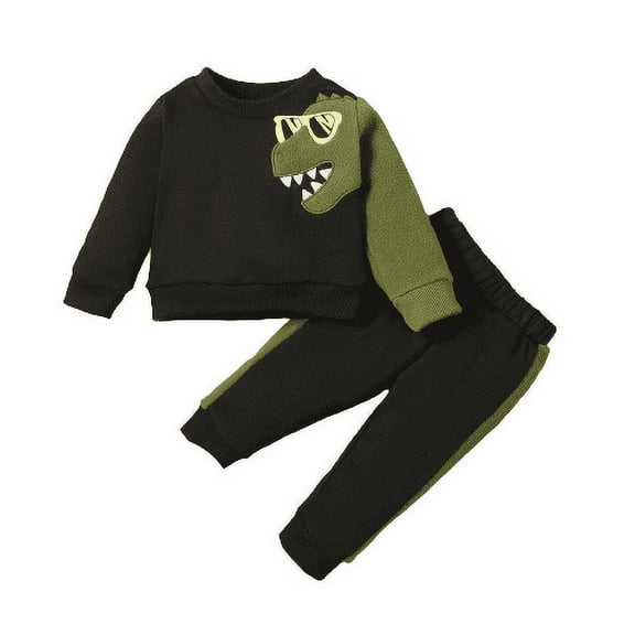 Mikrdoo Baby Boys Winter OOTD Dinosaur 18 Months Boys Tops 24 Months Baby Boys Pants 2Pcs Clothes Set Black