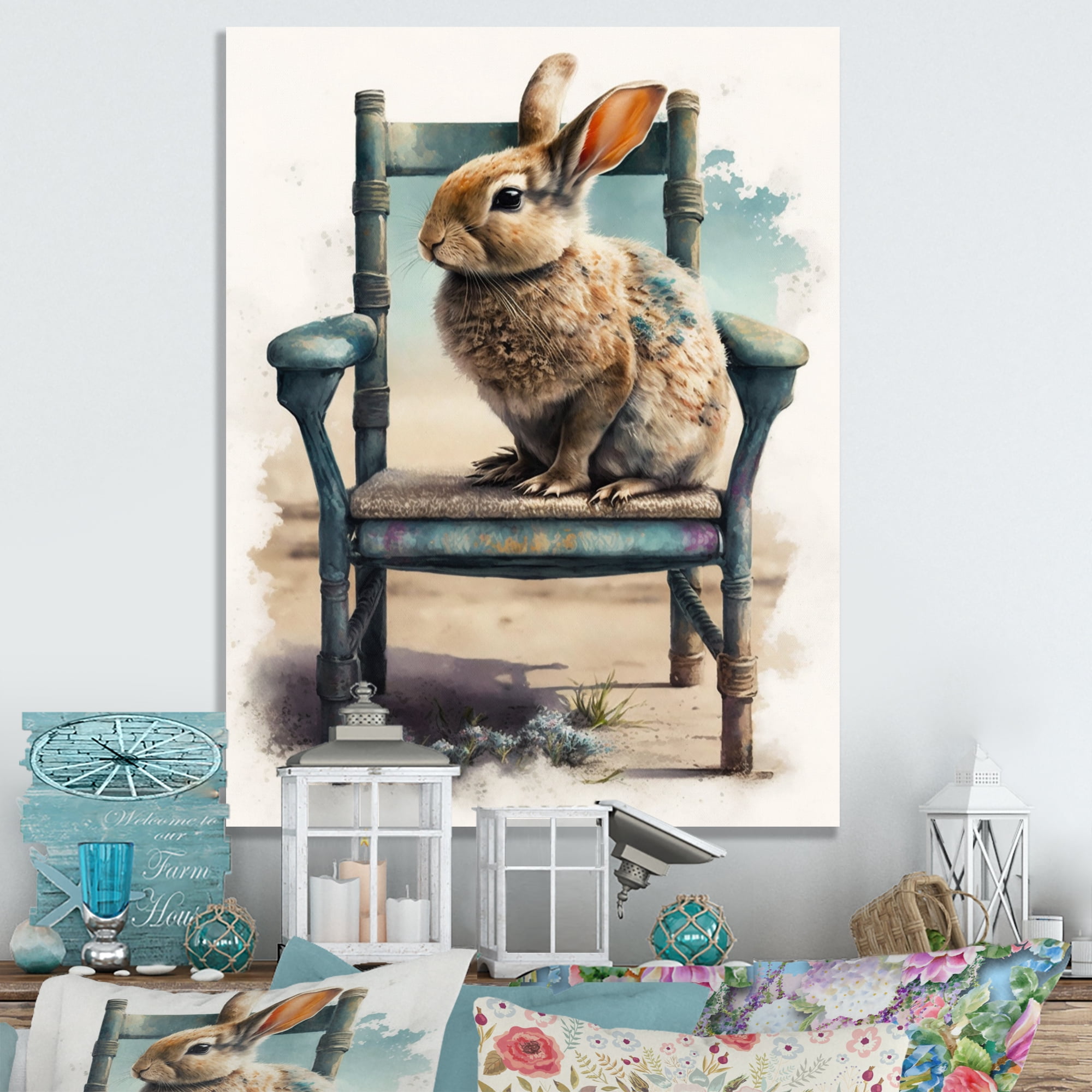 Designart Bunny Sitting On A Wood Chair I Canvas Wall Art