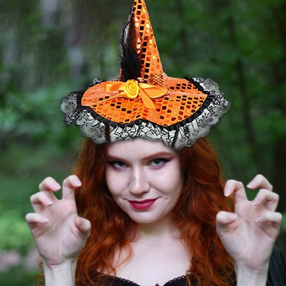 HOARBOEG Witch Hat Headband with Lace Sequins, Adjustable Halloween Costume Headband for Womens Adults, Black Bow Party Photo Props Accessory