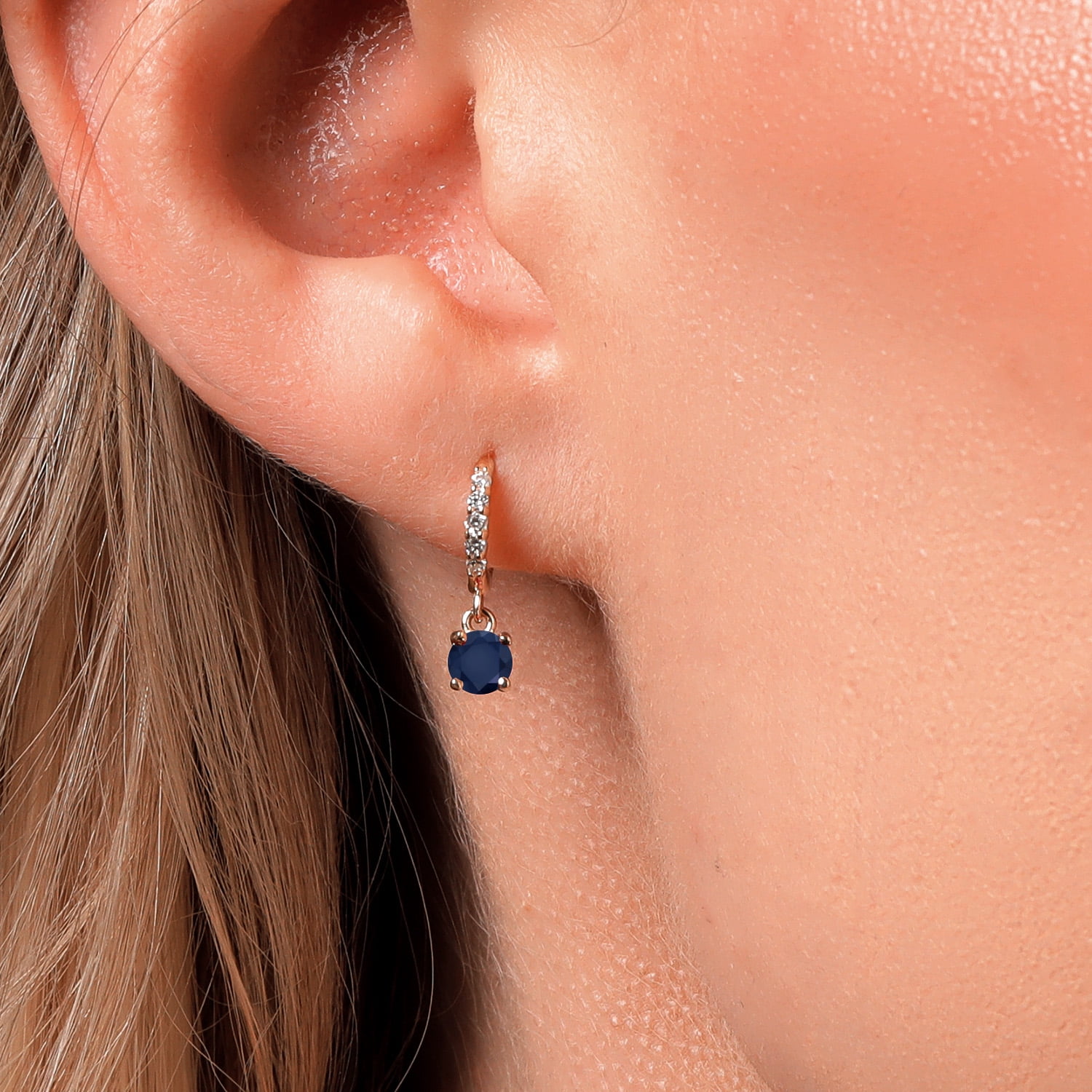Gem Stone King 10K Yellow Gold Blue Sapphire and White Lab Grown Diamond Dangle Drop Huggie Hoop Earrings for Women (0.80 Cttw, Gemstone September Birthstone, Round 4MM)