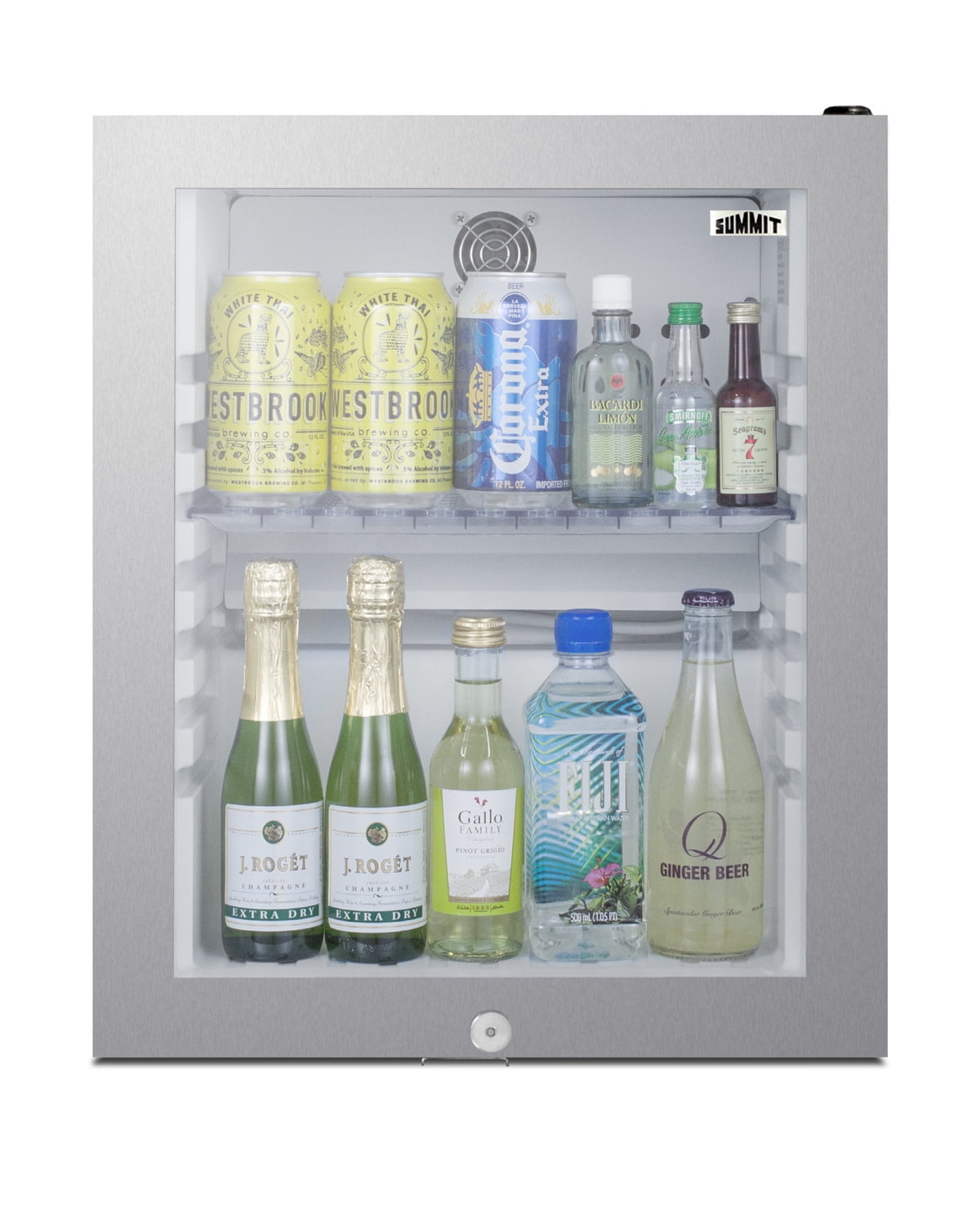 Commercially listed 5.5 cu.ft. counter height beverage center in a 24" footprint, with black cabinet, glass door, thin stainless steel handle, and lock