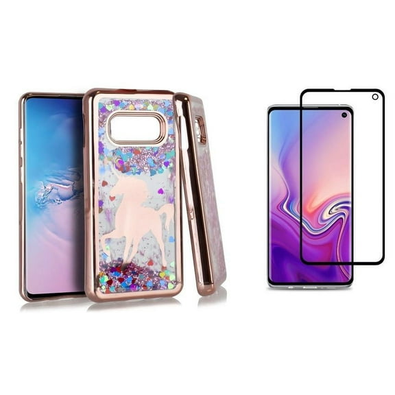 Bemz Flowing Liquid Quicksand Glitter Case (Unicorn/Rose Gold) Compatible with Samsung Galaxy S10e with Tempered Glass Screen Protector and Atom Cloth