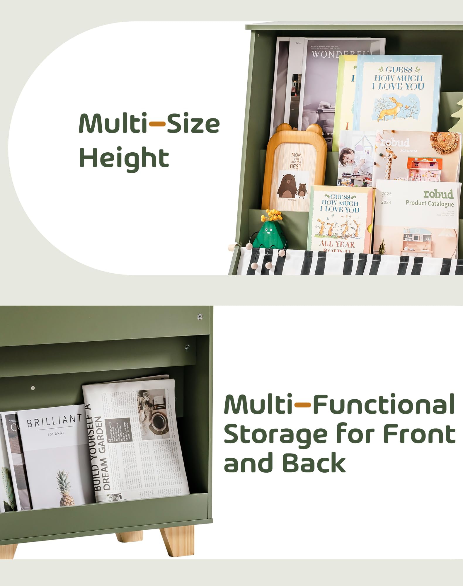 Robud Kids Bookshelf, Wooden Book Shelf with Stability & Sturdiness, 5-Tier Montessori Bookshelf for Kids with Ideal Size, Book Shelf for Kids Rooms, Nursery, Playrooms,Green