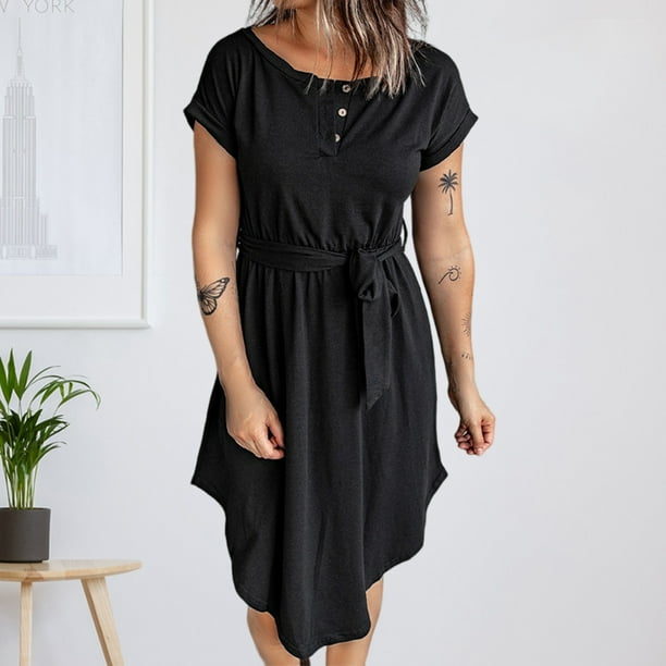 Vestido De Manga Corta Vestidos camiseros cortos Cinturon con botones Vestido casual Vestidos con cintura cortada Negro XL Ygjytge para Mujer Negro T S Bodega Aurrera en linea