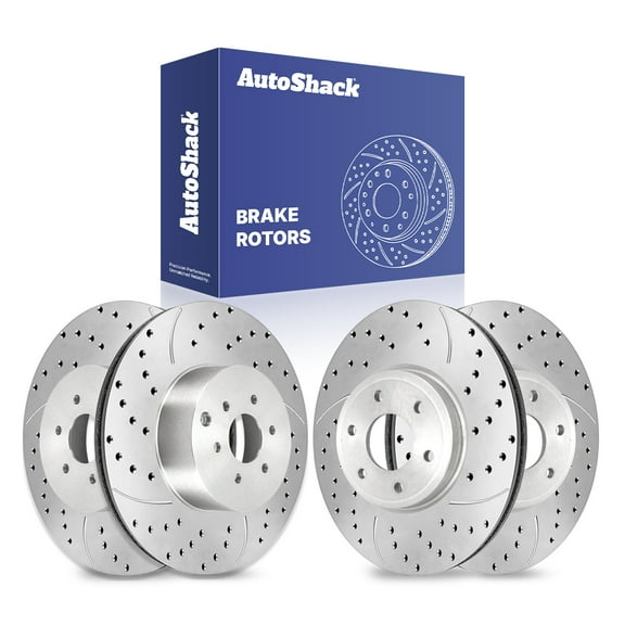 AutoShack Front Vented & Rear Vented Drilled & Slotted Silver Zinc Coated Brake Rotors 4-PC Set Replacement for 2005-2025 Nissan Frontier 2005-2015 Nissan Xterra SilverShield Pro