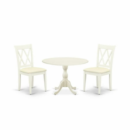 East West Furniture DMCL3-LWH-C 3 Piece Dining Room Table Set Includes 1 Drop Leaves Wood Dining Table and 2 Linen White Dinning Room Chairs with Double X-Back – Linen White Finish