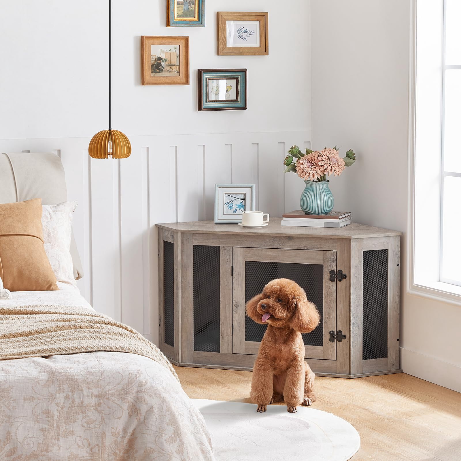 Greige Corner Dog Crate Furniture, Wooden Pet Kennel End Table for Small-Medium Dogs