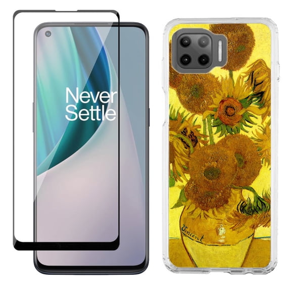 Slim-Fit Protective Phone Case compatible with Motorola Moto One 5G UW, with Tempered Glass Screen Protector, by OneToughShield ® - Sunflower