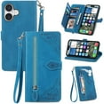 thumbnail image 2 of Funda tipo cartera para iPhone 16, de piel sintética duradera, con cierre magnético, correa de muñeca, tarjetero y cremallera., 2 of 8