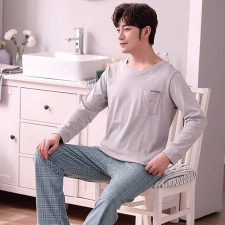 

DanceeMangoo Mens Pajamas Set Spring Autumn Leisure Elastic Waist Men Sleepwear Cotton Mens Long Sleeve Nightwear Top Long Men Home Cloth