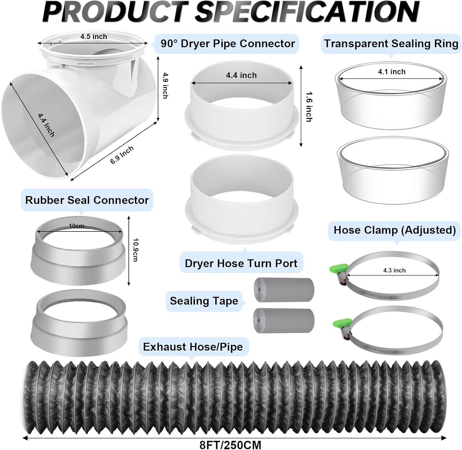 8FT Dryer Vent Hose for Tight Space, Indoor Dryer Hose Vent Kit with 6-Layer Duct Hose, 90 Degree Dryer Vent Elbow with Rubber Seal Connectors,Heat Resistant Dryer Exhaust Pipe,Easy Installation