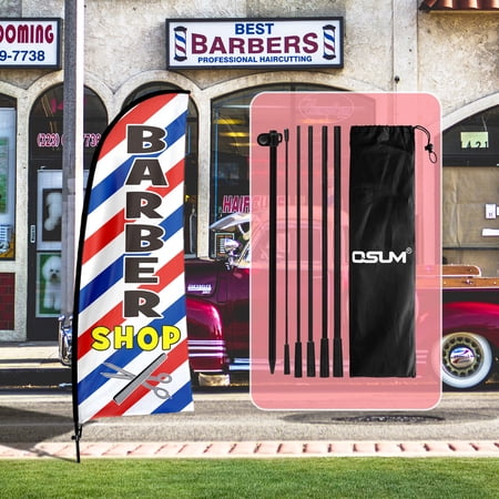 QSUM Barber Shop Feather Flag with Flag Pole Kit and Ground Spike 7FT Barber Shop Windless Flag Banner Sign Business for Haircut Outdoor Advertising Sign Decoration Display