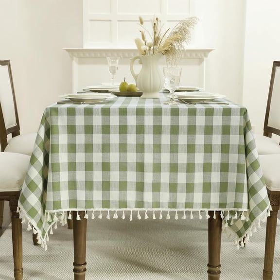 Spring Checkered Tablecloth Rectangle, Outdoor Waterproof Heavy Duty Linen Cotton Gingham Table Cloth with Tassel, Wrinkle Free Plaid Table Cover for Easter Picnic Party, 55 x 70 Inch, Sage