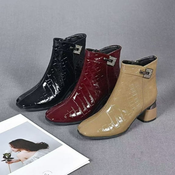 Lovzfmll Women's Boots, Patent Leather Short Boots with Metal Buckle, Square Toe Block Heel Chelsea Booties, Plus Size Fall Shoes, 5.5, Wine