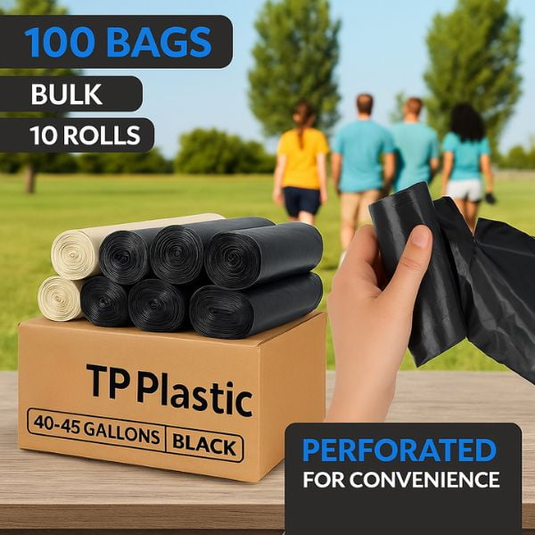 TP Plastic Large Black Trash Bags, 40-45 Gallon (40" x 46"), 1.5 Mil Thick, 100 Count – Heavy Duty Garbage Can Liners for Indoor & Outdoor Use