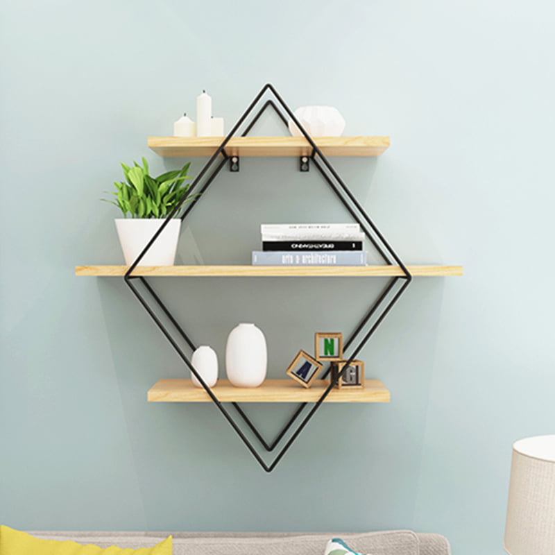 New Retro Industrial Style Rhombus Wood Metal Wall Shelf Rack Storage Home Decor