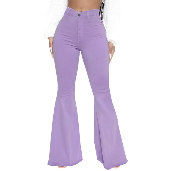 Yuyuzo Women's High Waisted Flared Bell Bottom Jeans with Raw Hem, Elastic Waist