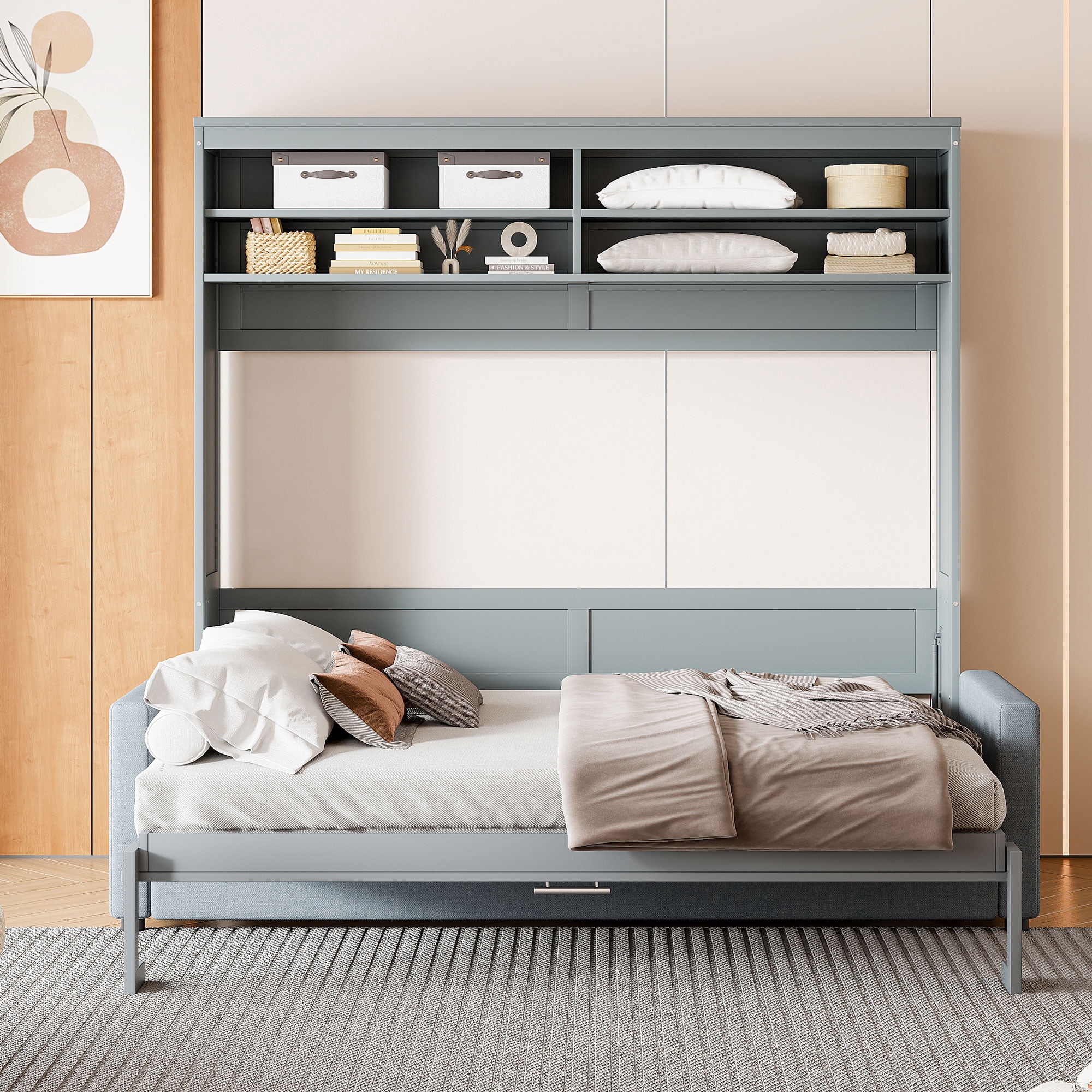 Queen Size Murphy Bed with Sofa and Open Storage Adjustable Shelves for Small Space, Guest Room