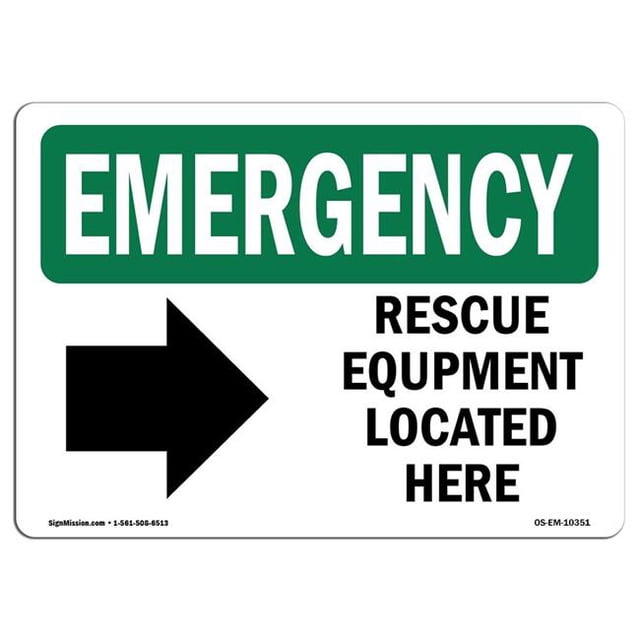 SignMission OS-EM-A-1218-L-10351 12 x 18 in. OSHA Emergency Sign - Rescue Equipment Located Here