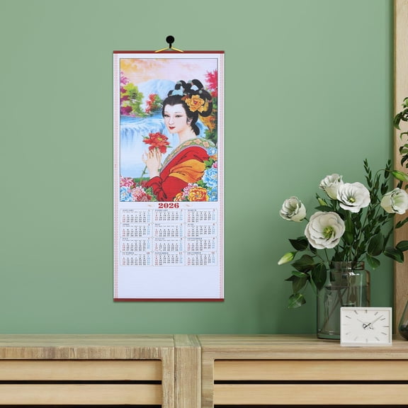SEWCHICS 2026 Horse Year Wall Scroll Calendar Faux Rattan Hanging Traditional Chinese Lunar Year Decoration