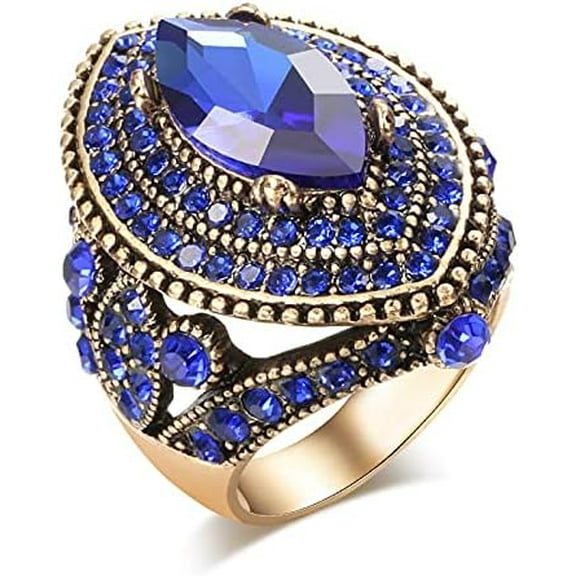 Vintage Gorgeous Big Size Gold Plated Crystal Inlaid Statement Ring Punk Turkish Colorful Gemstone Dinner Party Jewelry for Women