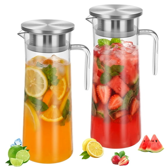 Topekada 2 Pack Plastic Pitcher with Metal Lid and Handle, 1000ml/34oz Clear Water Jug, Heat Resistant, Dishwasher-Safe, Tea Pitchers for Juice, Lemonade, Milk, Coffee, Cold or Hot Beverages