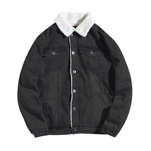 Fgnfyis Winter Jackets for Men Lined Denim Jacket Trucker Jean Jacket Winter Cowboy Coat Shearling Laminated Padded Coats for Men Black L
