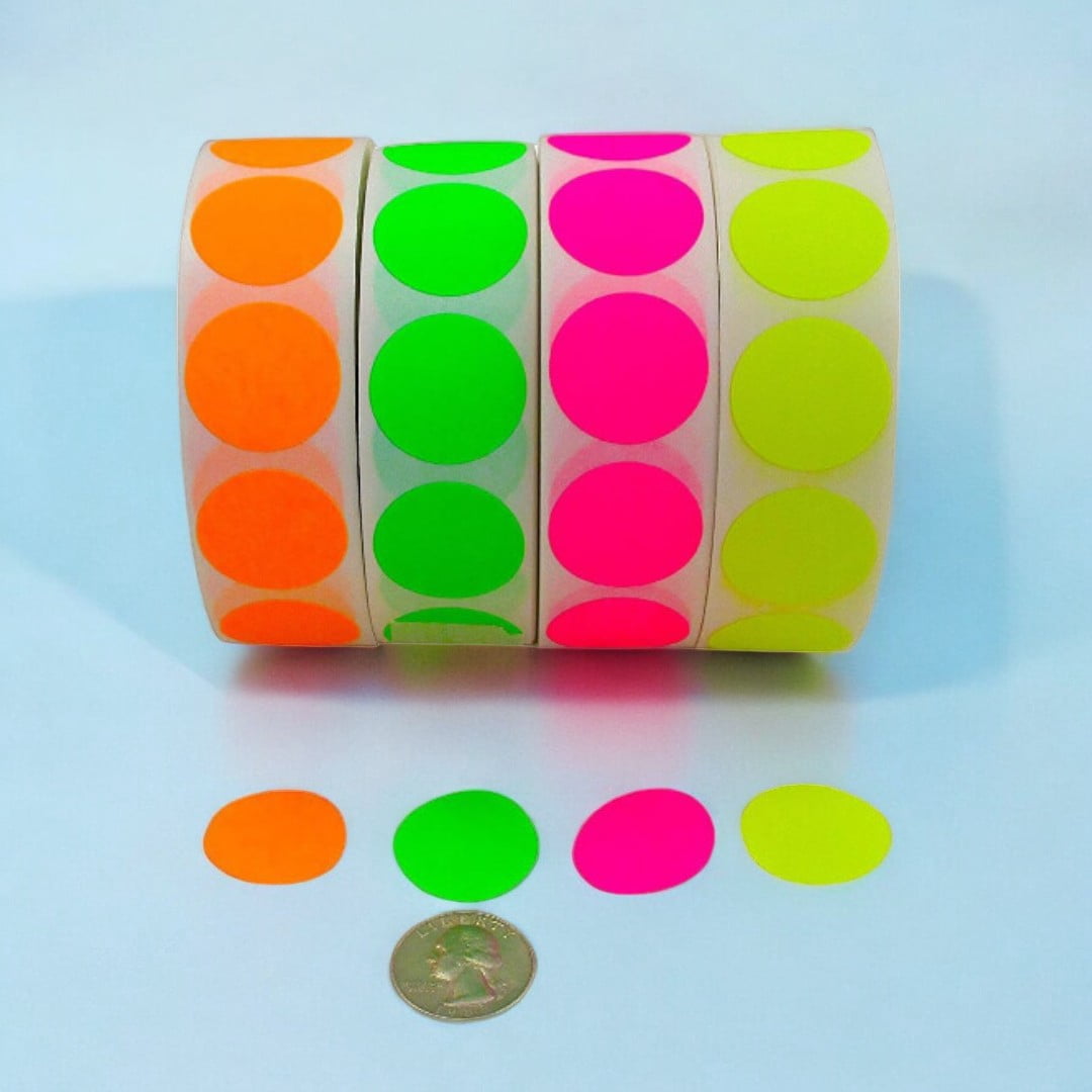 Color Coding Labels Super Bright Fluorescent Neon Yellow, Green, Orange & Pink Round Circle Dots For Organizing Inventory 1" 2,000 Total Adhesive Stickers (500 of each color)