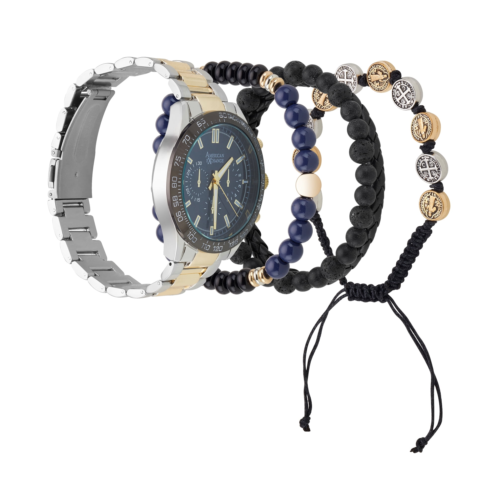 American Exchange Men's Analog Watch And 3 Piece Bracelet Set, Navy Sunray/Two Tone