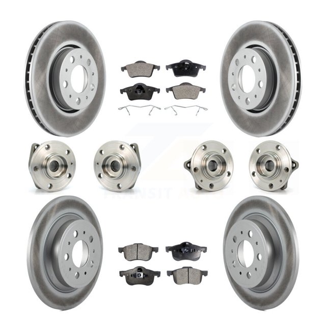 Transit Auto Front Rear Hub Bearings Assembly Coated Disc Brake Rotors and Ceramic Pads Kit (10Pc) for Car Volvo S60 XC70 V70 S80 - Left Right Side (Driver Passenger) KBB-112574