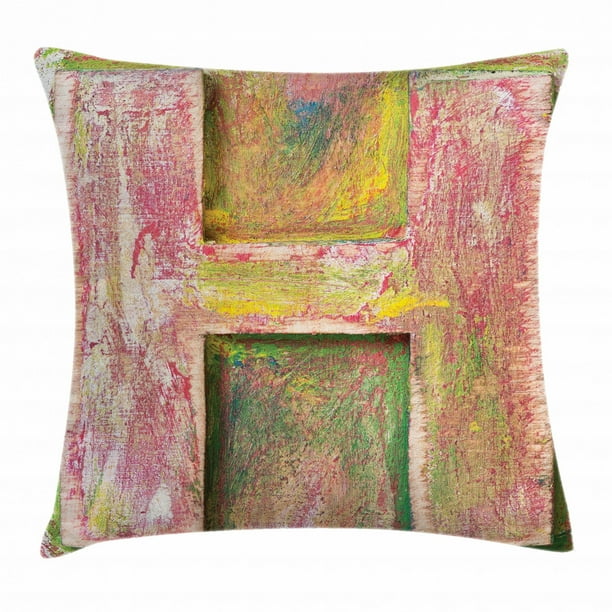 Letter H Throw Pillow Cushion Cover, Ancient Jaded Wooden H Symbol from