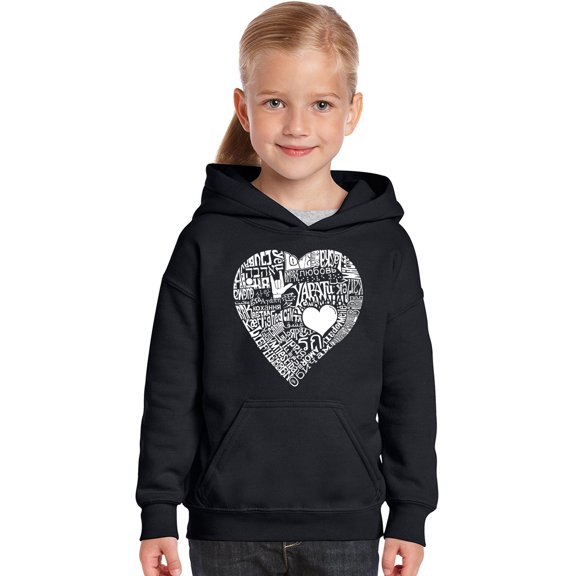 LA Pop Art Girl's Word Art Hooded Sweatshirt - LOVE IN 44 DIFFERENT LANGUAGES